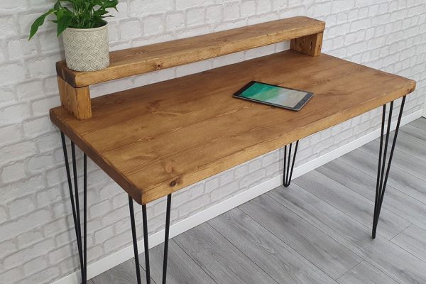 rustic chunky wooden desk hairpin legs monitor stand