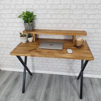 bespoke solid wood desk industrial x legs monitor shelf